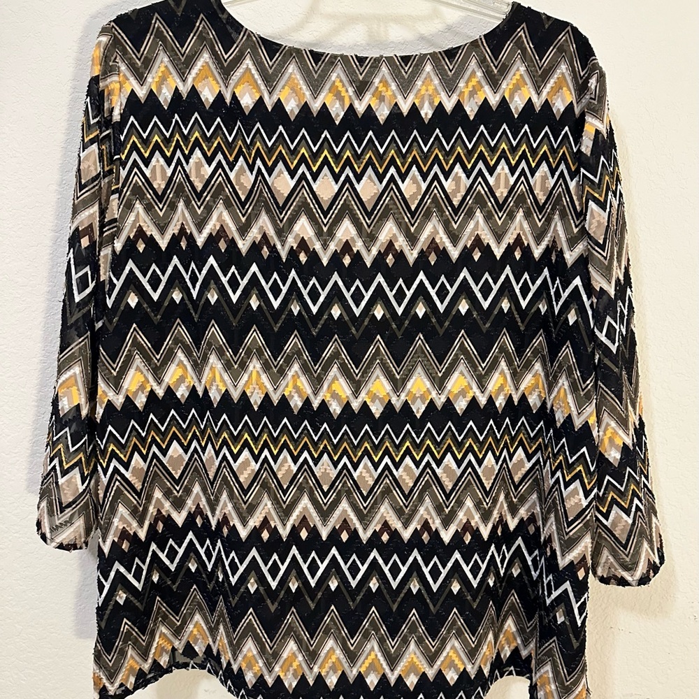 INVESTMENTS, Large, black & gold, 3/4 sleeve, sheer top